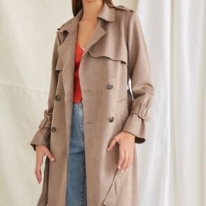 Belted Faux Suede Trench Jacket